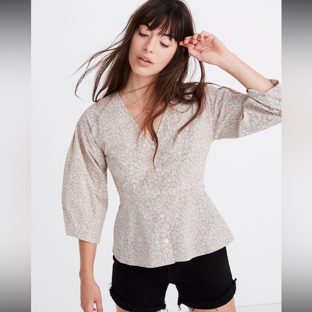 Madewell florentine peplum top daisy patch puff sleeve blouse button Size 2